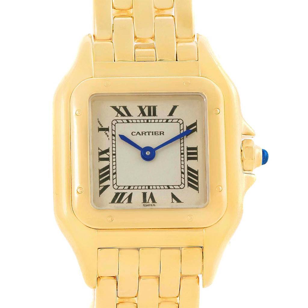 The Cartier Panthere W25022B9 Women's Yellow Gold Beige Dial W25022B9 Women's Yellow Gold Beige Dial model watch is shown from a front angle, displaying its face, bezel, and part of the bracelet.