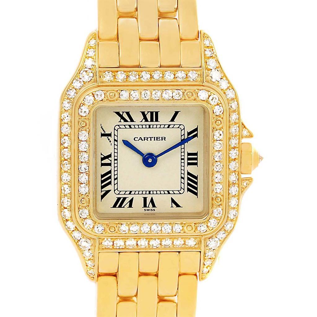 The image shows a front view of a Cartier Panthere WF3072B9 Women
s Yellow Gold Silver Dial WF3072B9 Women
s Yellow Gold Silver Dial watch, highlighting its gold bracelet, rectangular diamond-set case, and Roman numeral dial.
