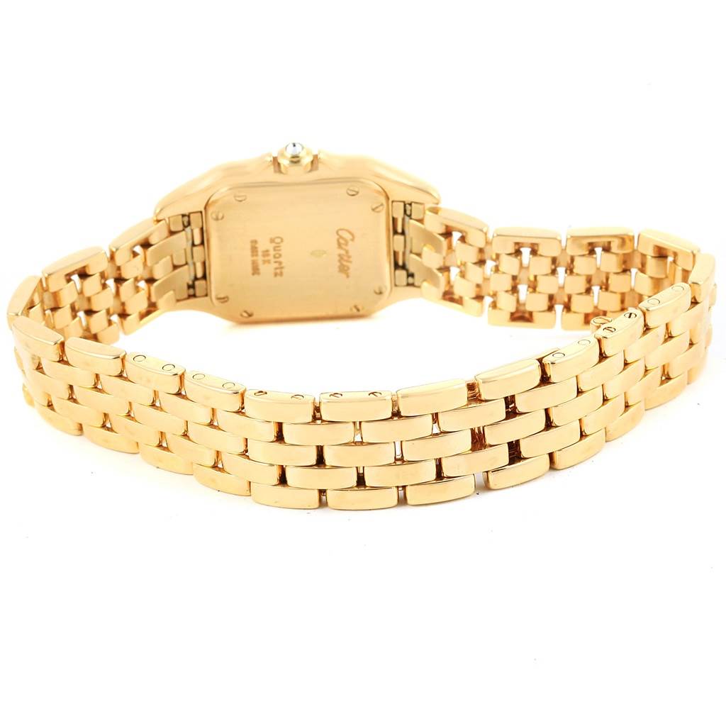 The image shows the underside and bracelet of the Cartier Panthere WF3072B9 Women
s Yellow Gold Silver Dial WF3072B9 Women
s Yellow Gold Silver Dial model watch from a rear angle.