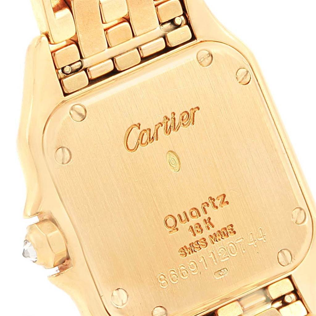 The image shows the back case of a Cartier Panthere WF3072B9 Women
s Yellow Gold Silver Dial WF3072B9 Women
s Yellow Gold Silver Dial watch, displaying brand details and model information.
