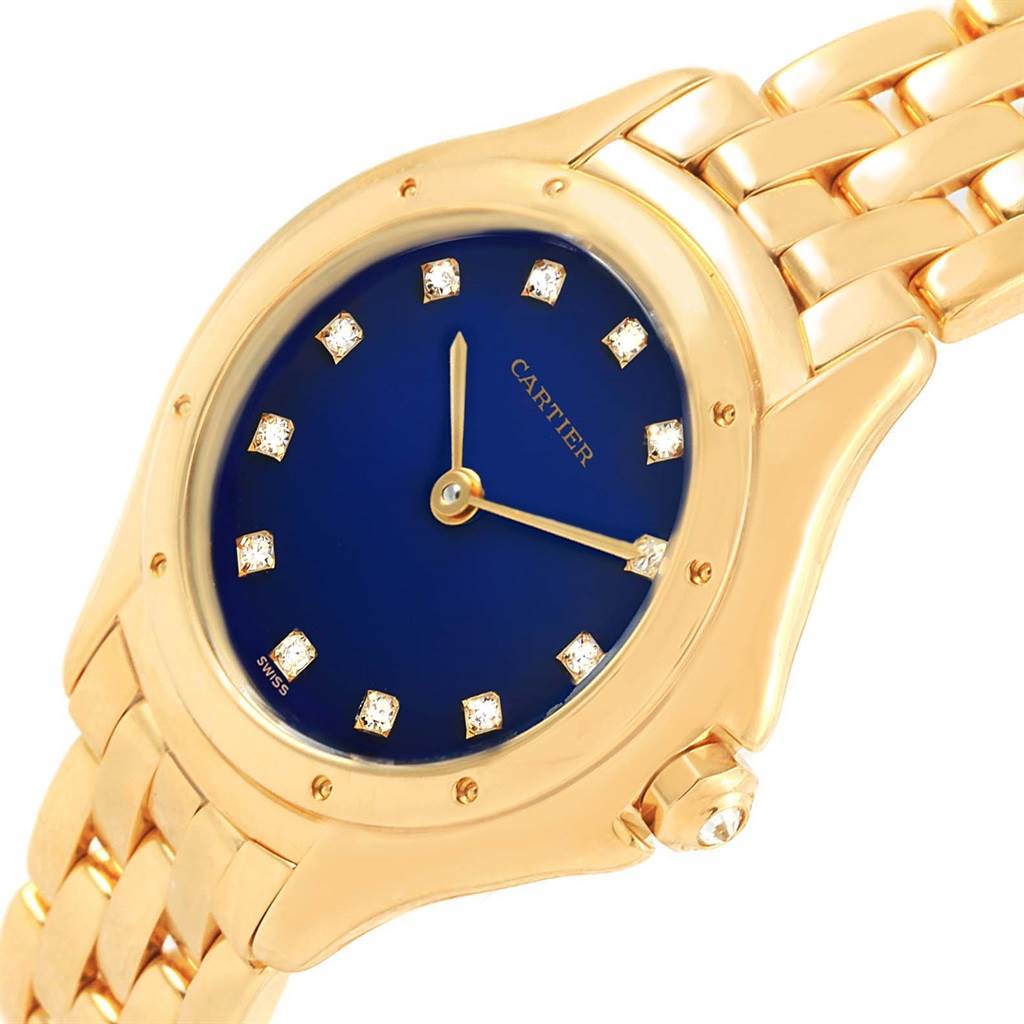 The image shows a close-up of a Cartier Panthere 11651 Women's Yellow Gold Blue Dial 11651 Women's Yellow Gold Blue Dial watch featuring its gold case, blue dial, and diamond hour markers.