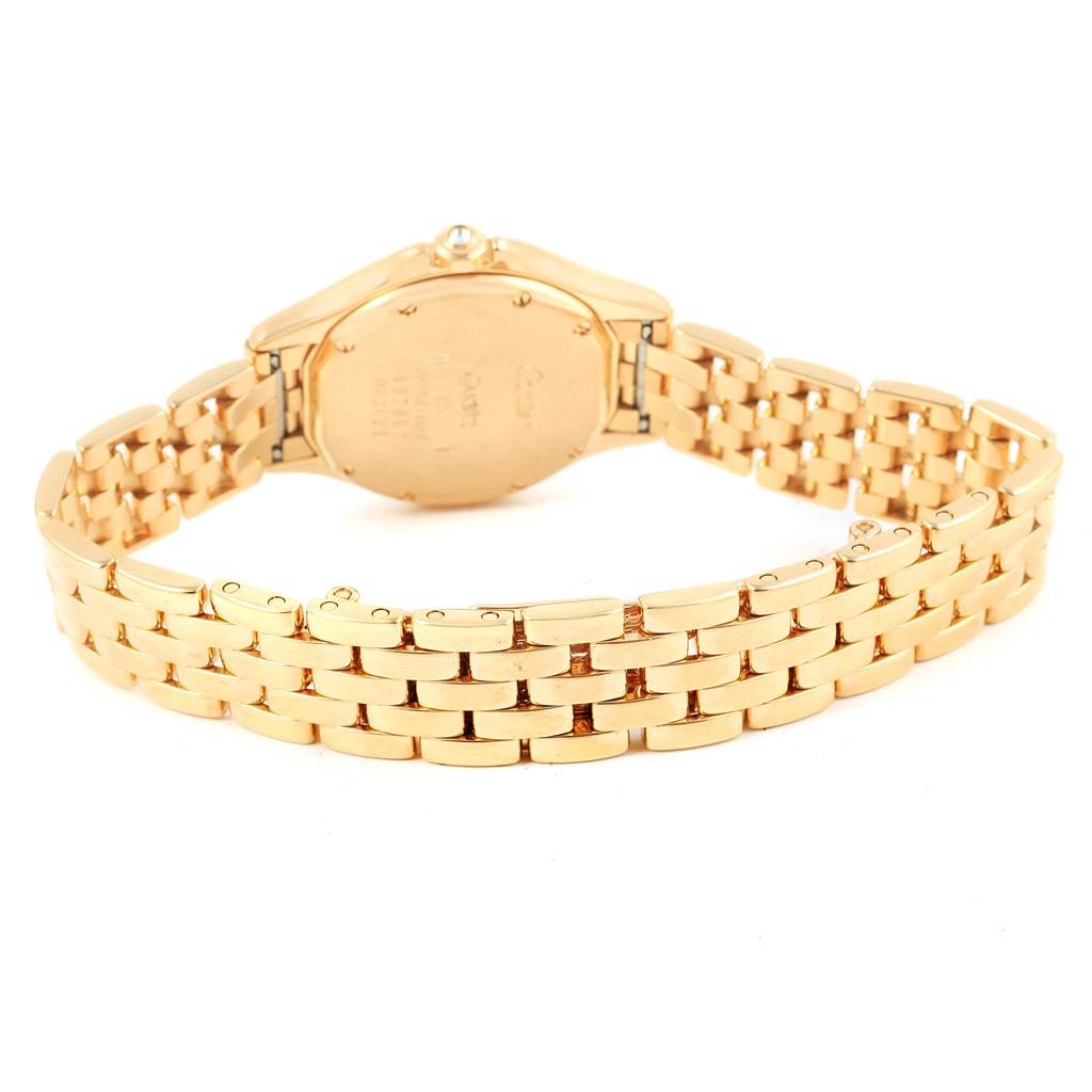 The image shows the gold back and bracelet of a Cartier Panthere 11651 Women's Yellow Gold Blue Dial 11651 Women's Yellow Gold Blue Dial watch, viewed from behind at an angle.