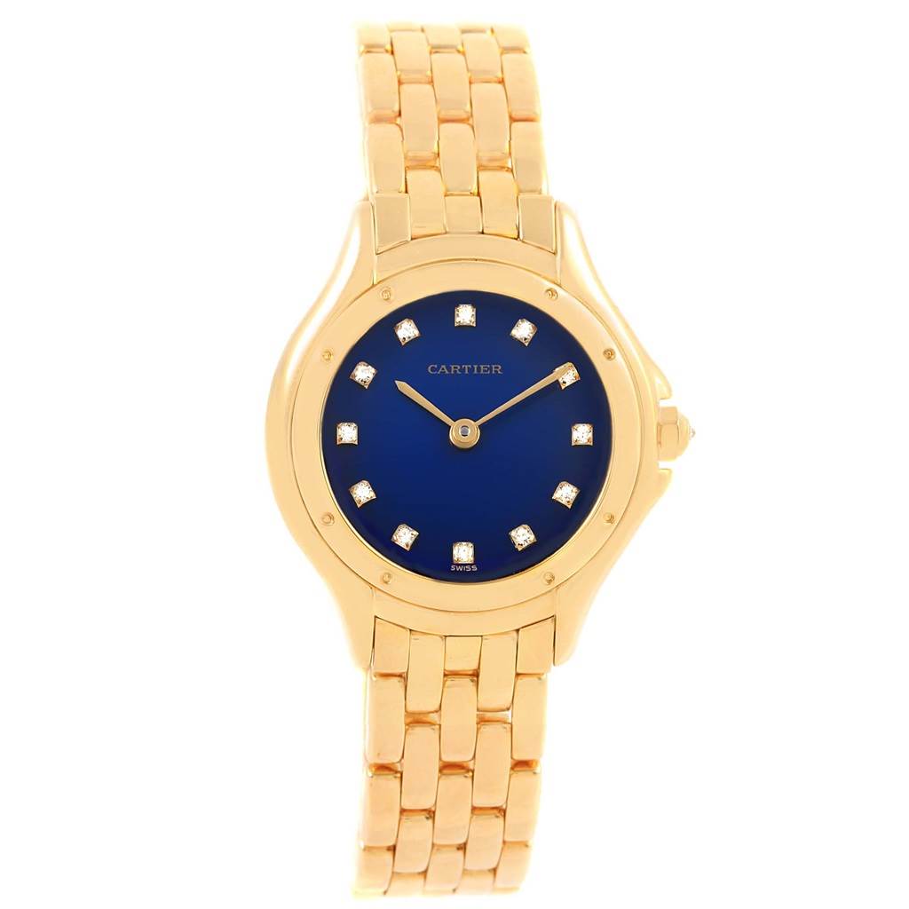 This image shows a front view of a Cartier Panthere 11651 Women's Yellow Gold Blue Dial 11651 Women's Yellow Gold Blue Dial watch, highlighting its gold case, blue dial, and gold link bracelet.
