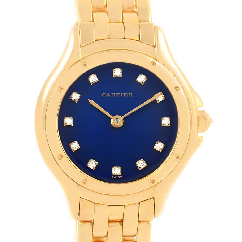 This image shows a frontal view of the Cartier Panthere 11651 Women's Yellow Gold Blue Dial 11651 Women's Yellow Gold Blue Dial watch, highlighting its round blue dial and gold bracelet.