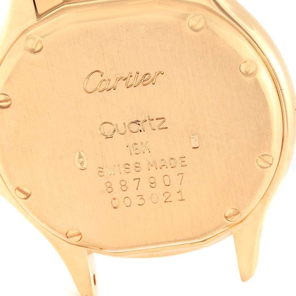 This image shows the back case of a Cartier Panthere 11651 Women's Yellow Gold Blue Dial 11651 Women's Yellow Gold Blue Dial model watch, detailing the brand, model, and specifications.