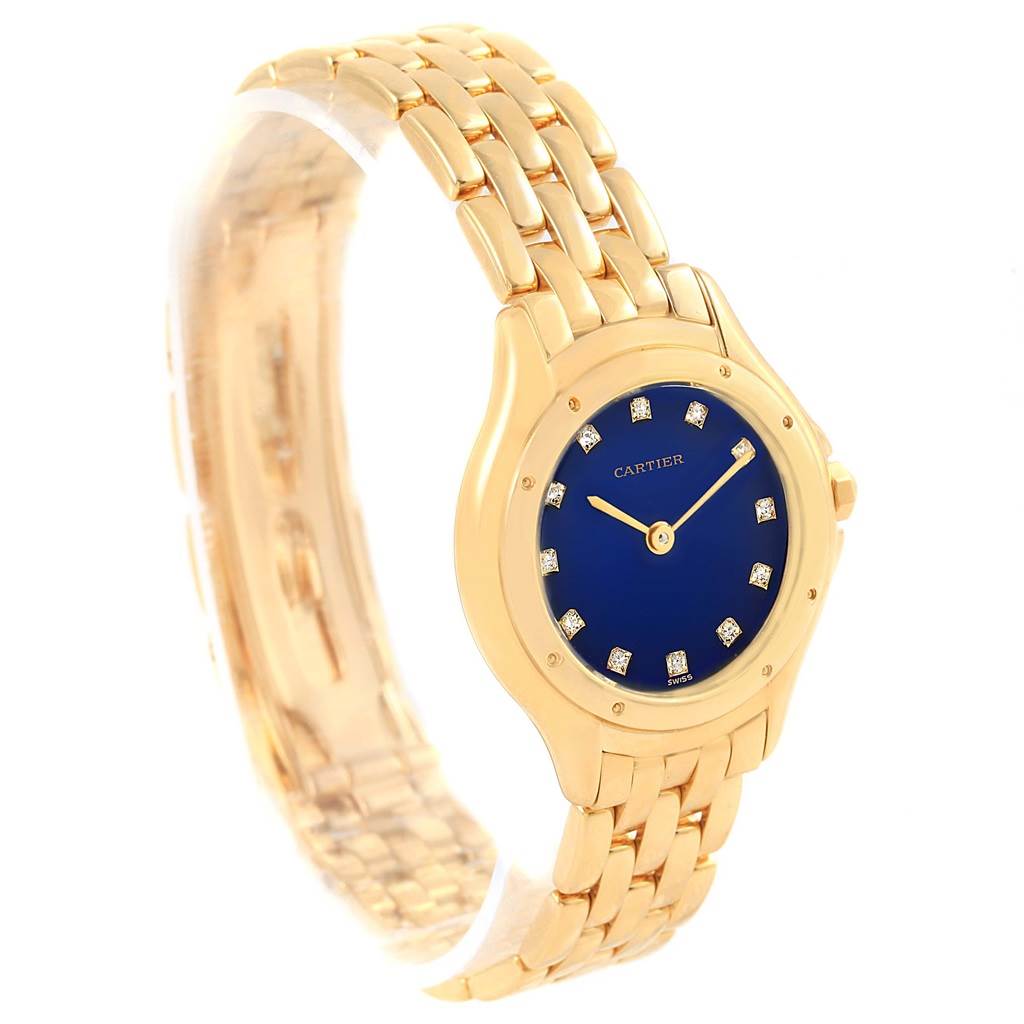 This image shows a Cartier Panthere 11651 Women's Yellow Gold Blue Dial 11651 Women's Yellow Gold Blue Dial model watch at an angled side view, displaying its gold bracelet and blue dial with diamond markers.