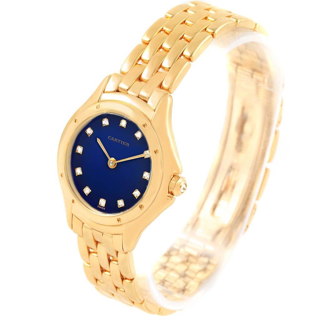 This image shows a Panthere model Cartier watch at a three-quarter angle, highlighting the golden bracelet and blue dial.
