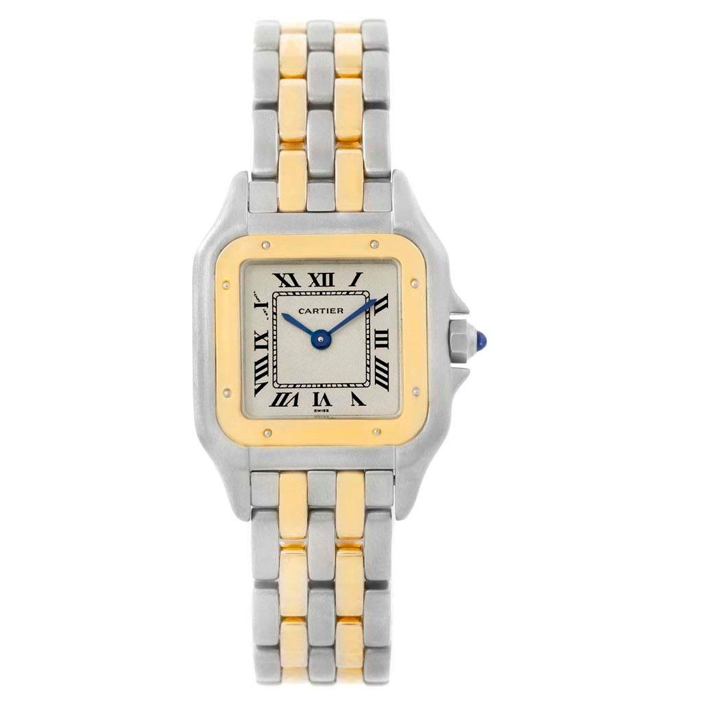 The image shows a front view of the Cartier Panthere W25029B6 Women's Stainless Steel Silver Dial W25029B6 Women's Stainless Steel Silver Dial watch displaying its dial, bezel, and bi-metal bracelet.