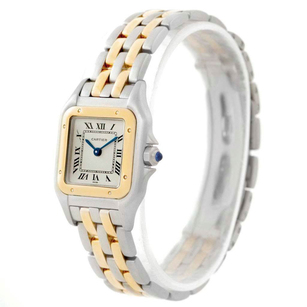 The image shows a Cartier Panthere W25029B6 Women's Stainless Steel Silver Dial W25029B6 Women's Stainless Steel Silver Dial watch from an angled view, highlighting its face and two-tone bracelet.