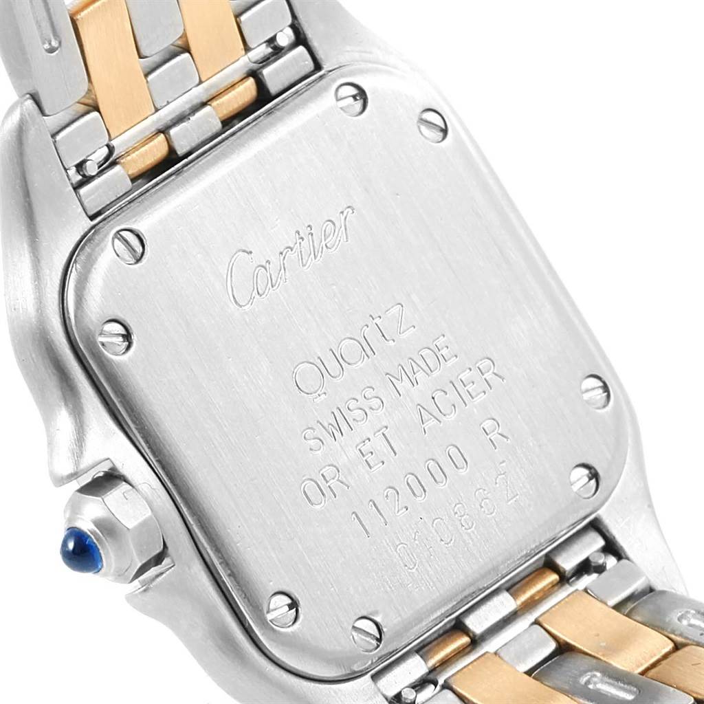 The image shows the back case and part of the bracelet of a Cartier Panthere W25029B6 Women's Stainless Steel Silver Dial W25029B6 Women's Stainless Steel Silver Dial watch.
