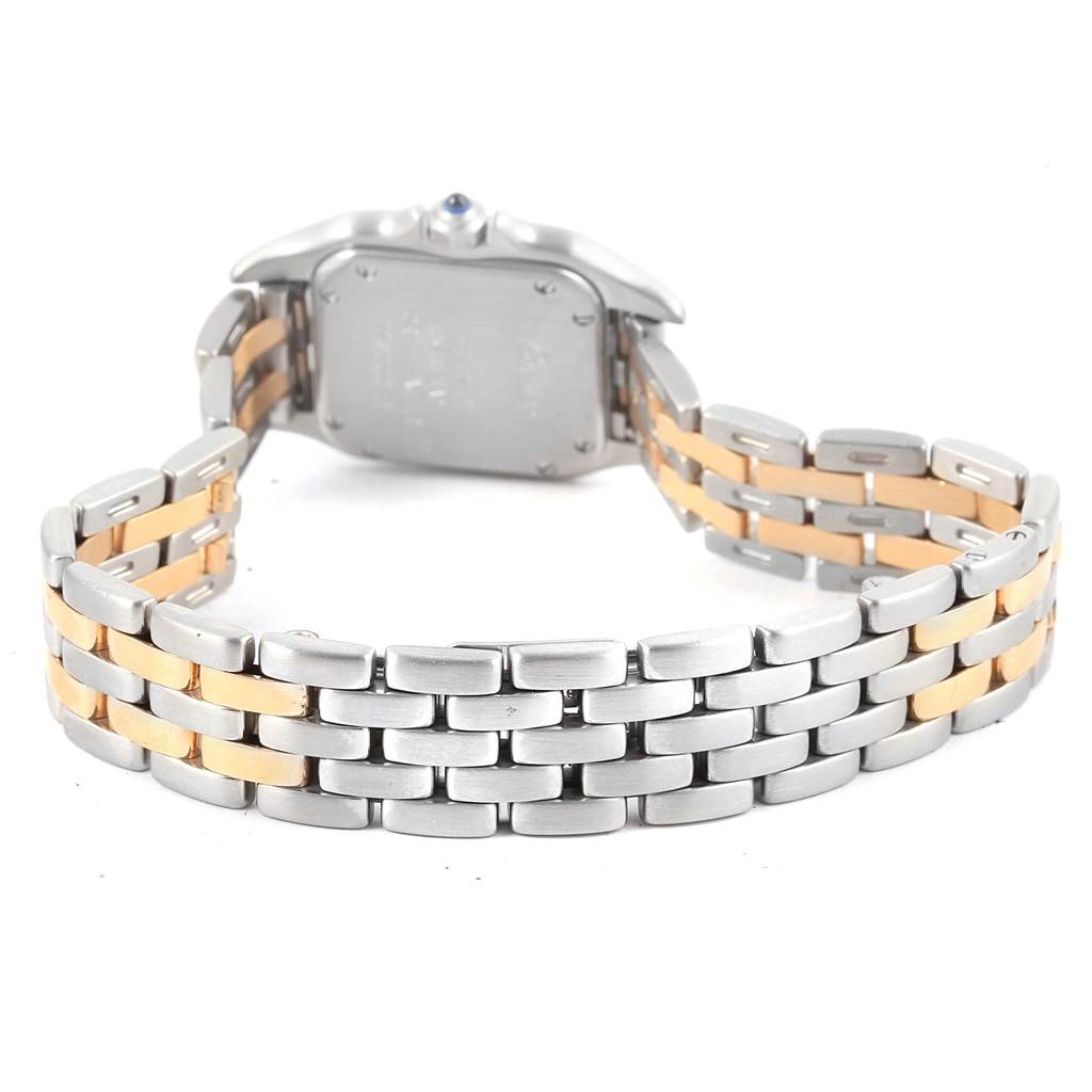 This image shows the back view of a Cartier Panthere W25029B6 Women's Stainless Steel Silver Dial W25029B6 Women's Stainless Steel Silver Dial watch, highlighting its two-tone metal bracelet and case back.
