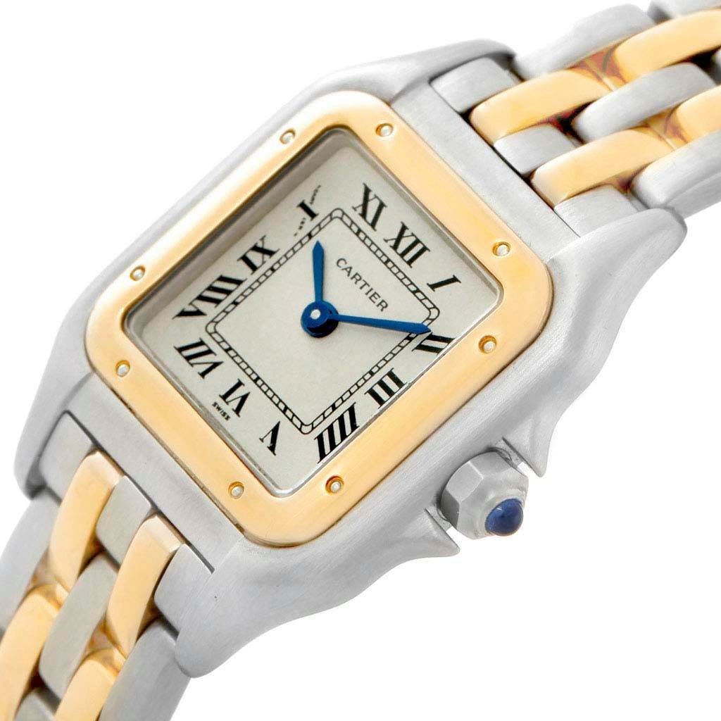 This image shows a close-up angle of the Cartier Panthere W25029B6 Women's Stainless Steel Silver Dial W25029B6 Women's Stainless Steel Silver Dial watch focusing on the dial, bezel, and part of the bracelet.