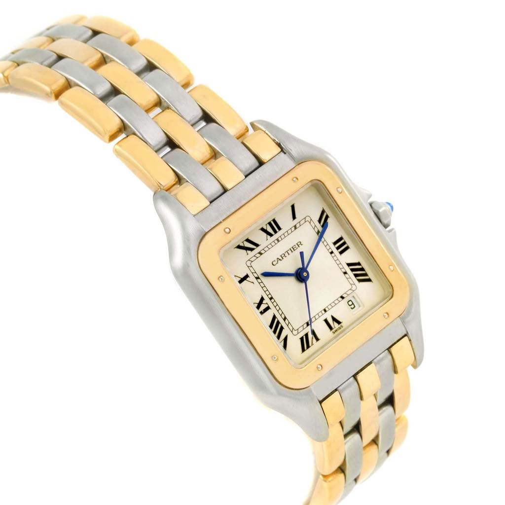 The image shows a Cartier Panthere W25028B6 Steel and Gold (two tone) Silver Dial W25028B6 Steel and Gold (two tone) Silver Dial model watch at an angled side view, highlighting its face, bracelet, and two-tone metal design.