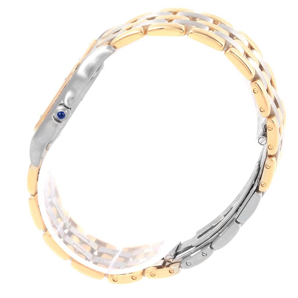 The image shows a side view of a Cartier Panthere W25028B6 Steel and Gold (two tone) Silver Dial W25028B6 Steel and Gold (two tone) Silver Dial watch, displaying its two-tone metal bracelet and part of the case with a blue cabochon.