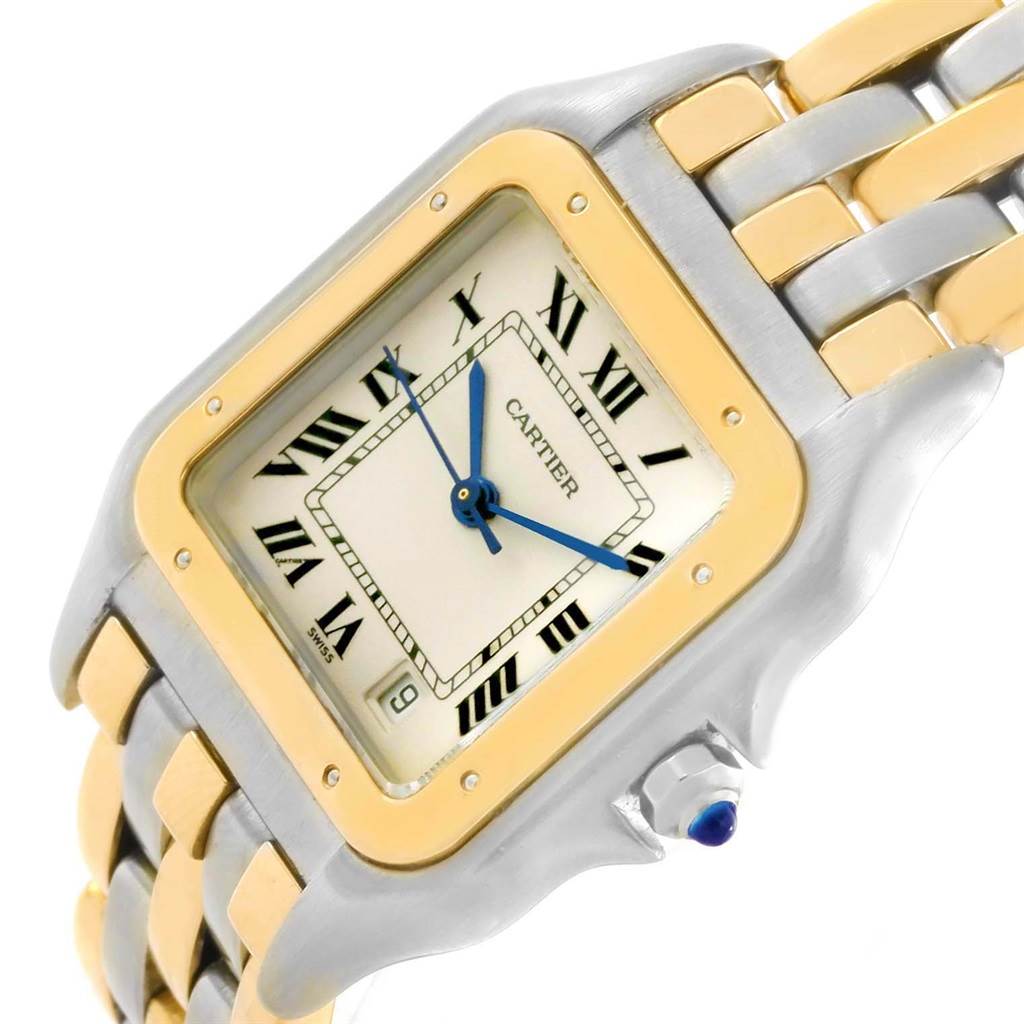 This image shows a close-up, angled view of the Cartier Panthere W25028B6 Steel and Gold (two tone) Silver Dial W25028B6 Steel and Gold (two tone) Silver Dial watch, highlighting the dial, bezel, and part of the bracelet.