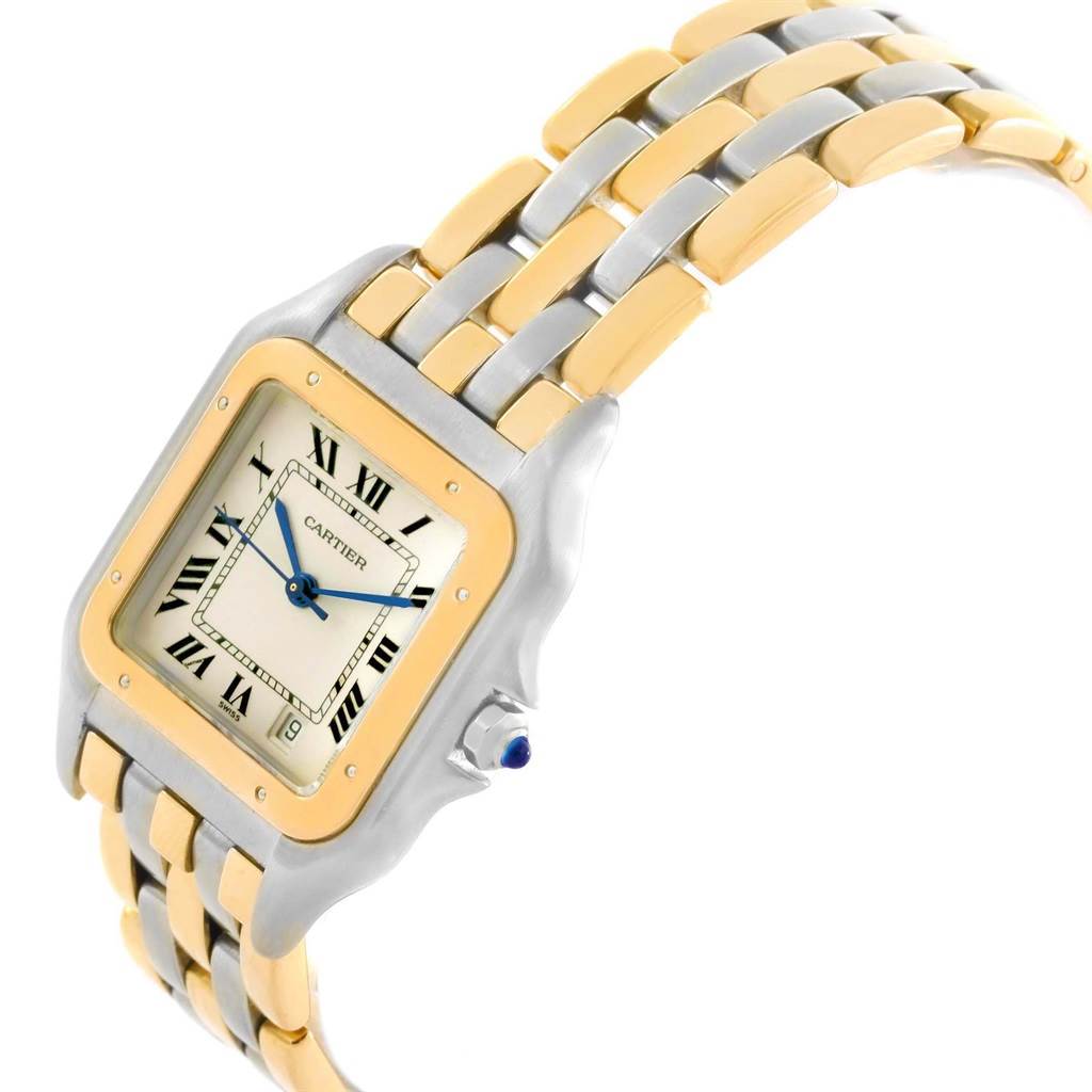 This image shows a side angle of a Cartier Panthere W25028B6 Steel and Gold (two tone) Silver Dial W25028B6 Steel and Gold (two tone) Silver Dial watch, highlighting its two-tone bracelet and square dial.
