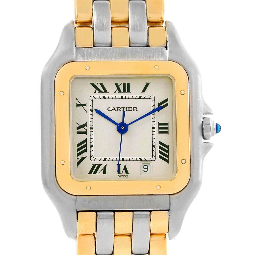 The image shows a front view of a Cartier Panthere W25028B6 Steel and Gold (two tone) Silver Dial W25028B6 Steel and Gold (two tone) Silver Dial watch, highlighting its face, bezel, and part of the bracelet.