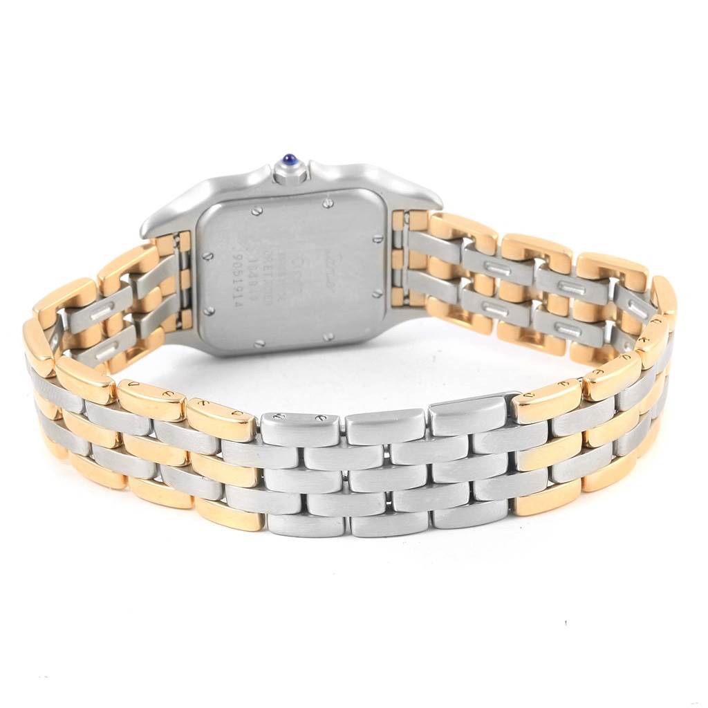 The image shows the back view of the Cartier Panthere W25028B6 Steel and Gold (two tone) Silver Dial W25028B6 Steel and Gold (two tone) Silver Dial model watch, highlighting its two-tone metal bracelet and case back.