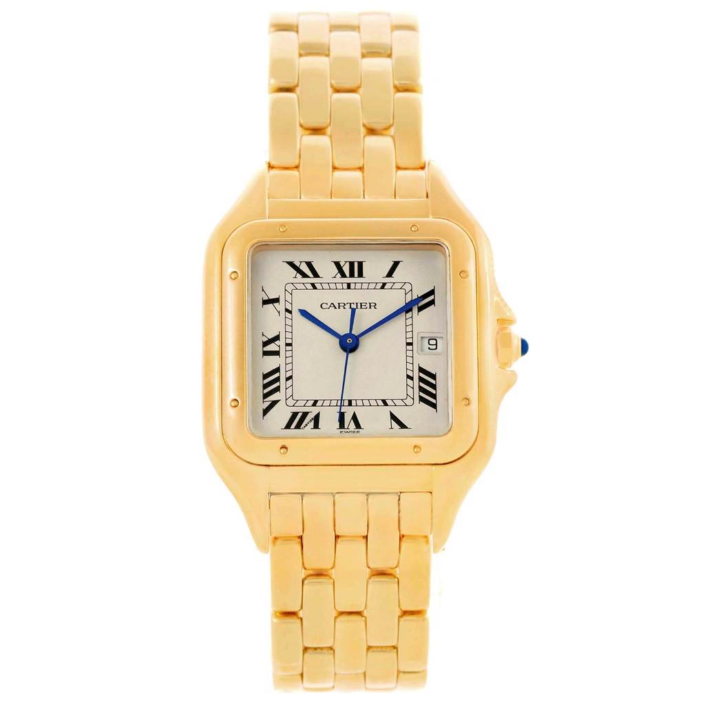 This is a front view of the Cartier Panthere W25014B9 Men's Yellow Gold Silver Dial W25014B9 Men's Yellow Gold Silver Dial watch, showing the full dial, case, and bracelet.