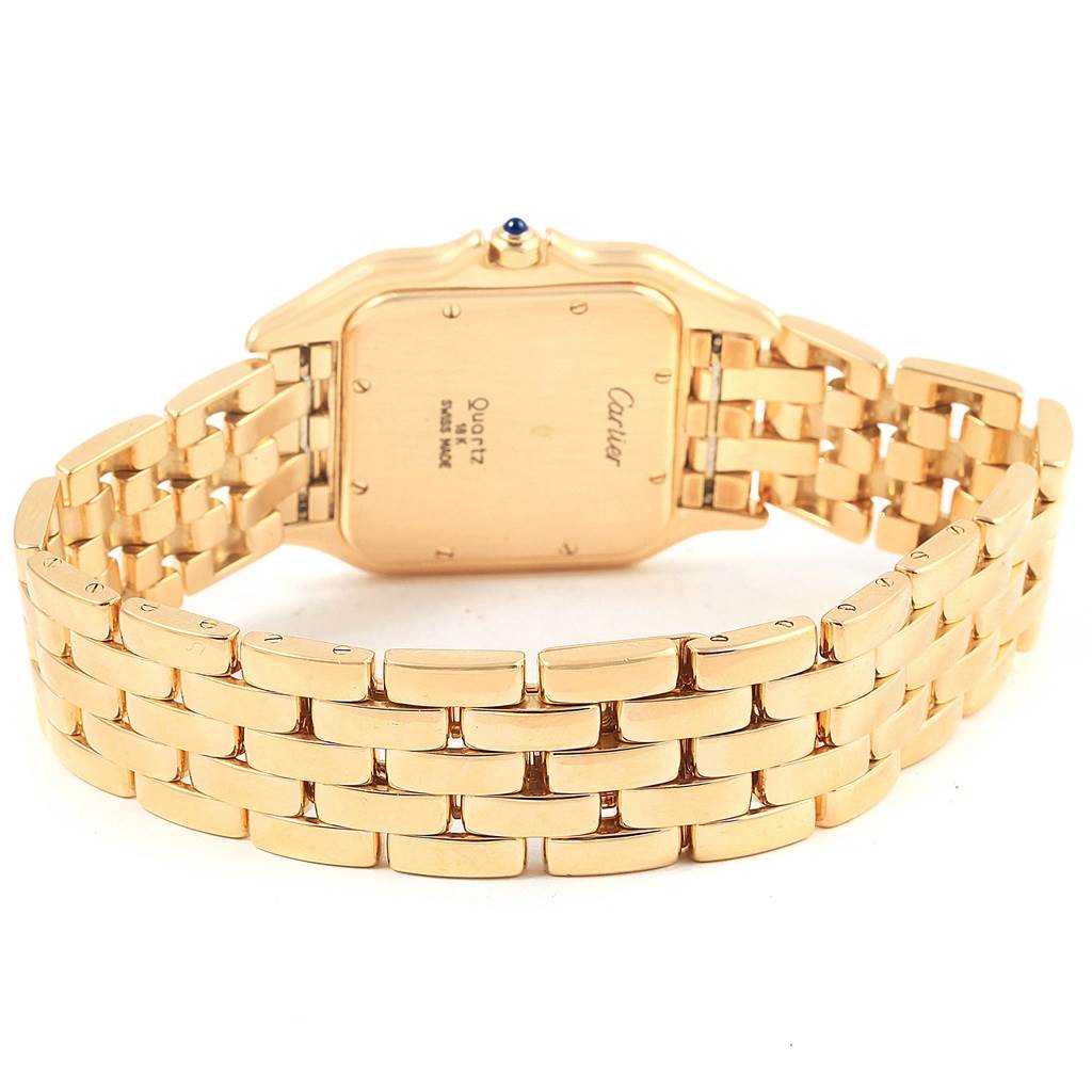 The image shows the back case and bracelet of a Cartier Panthere W25014B9 Men's Yellow Gold Silver Dial W25014B9 Men's Yellow Gold Silver Dial watch in gold, viewed from a slightly above angle.