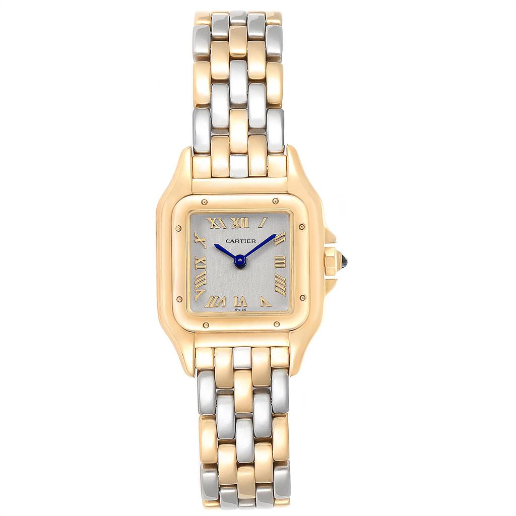 The image shows a front view of the Cartier Panthere 1070 Women's Yellow Gold Grey Dial 1070 Women's Yellow Gold Grey Dial watch displaying its two-tone bracelet and square dial with Roman numerals.