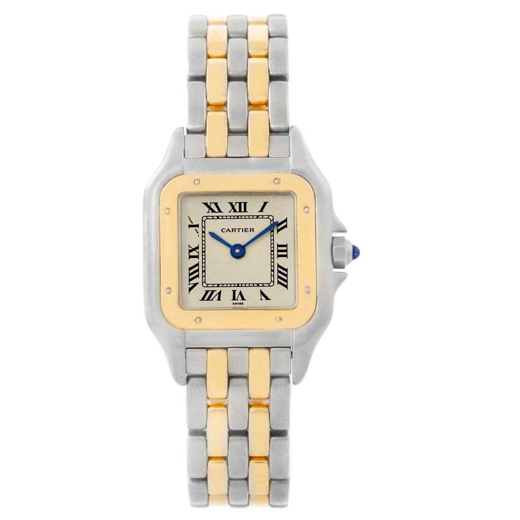 This Cartier Panthère model watch shows a front view, highlighting its square face and two-tone bracelet.
