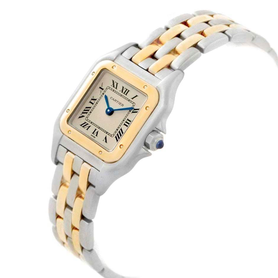 This image shows the dial, bezel, crown, and strap of the Cartier Panthere W25029B6 Women
s Stainless Steel Silver Dial W25029B6 Women
s Stainless Steel Silver Dial watch at an angled view.