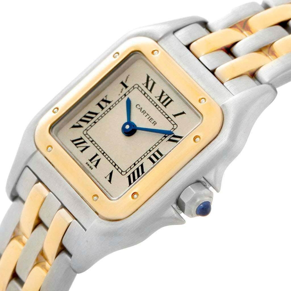 The image shows a close-up angled view of a Cartier Panthere W25029B6 Women
s Stainless Steel Silver Dial W25029B6 Women
s Stainless Steel Silver Dial watch, highlighting its face, bezel, and part of the two-tone bracelet.