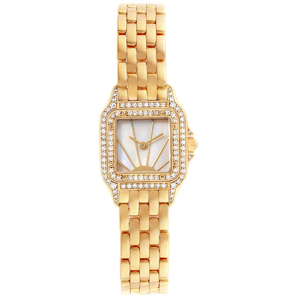 The image shows a front view of a Cartier Panthere 86691 Women's Yellow Gold Mother of Pearl Dial 86691 Women's Yellow Gold Mother of Pearl Dial watch, highlighting its gold bracelet and diamond-set bezel.