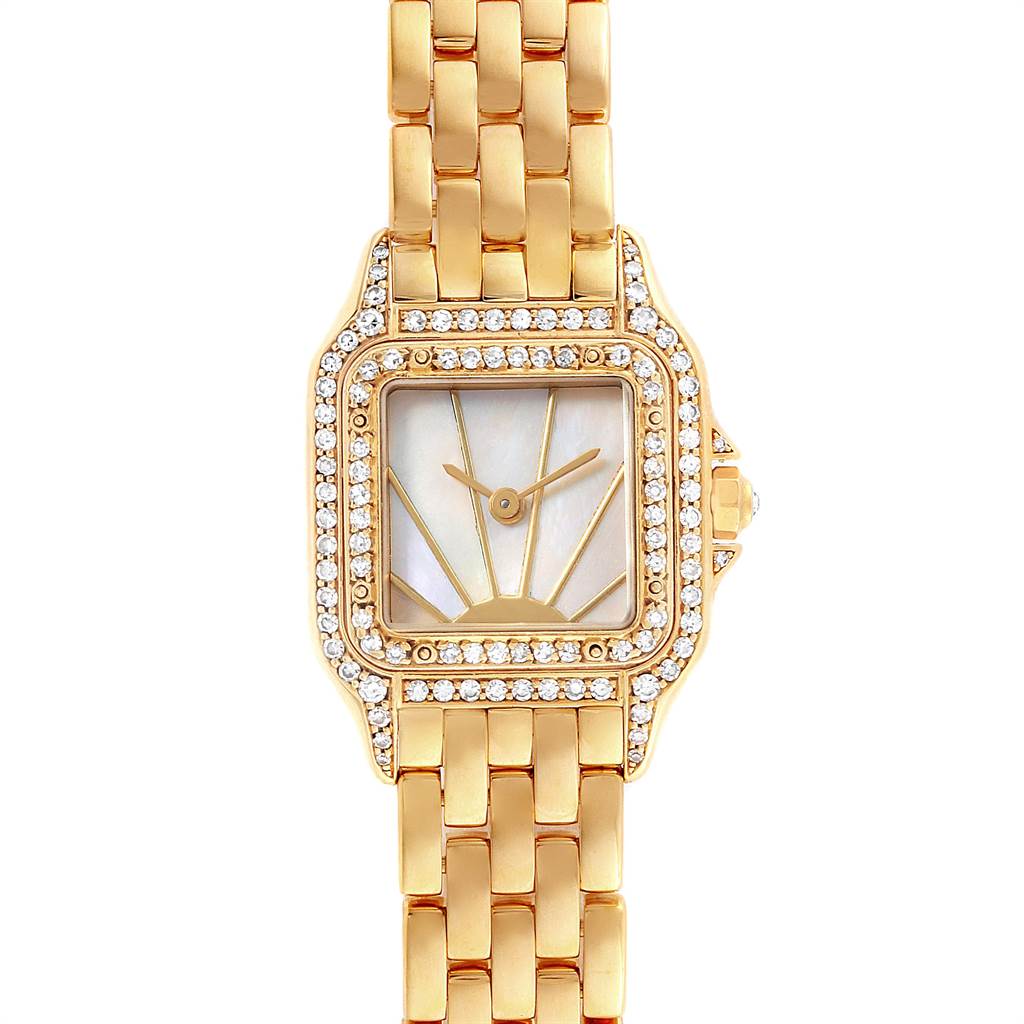 This image shows a top view of the Cartier Panthere 86691 Women's Yellow Gold Mother of Pearl Dial 86691 Women's Yellow Gold Mother of Pearl Dial watch, highlighting its gold bracelet, square face, and diamond bezel.