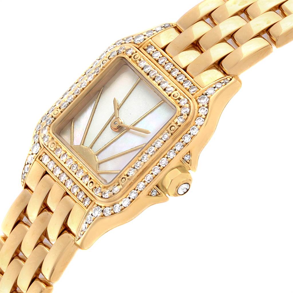 The image shows a close-up of a Cartier Panthere 86691 Women's Yellow Gold Mother of Pearl Dial 86691 Women's Yellow Gold Mother of Pearl Dial watch from an angled perspective, highlighting its face, diamond bezel, and part of its gold bracelet.