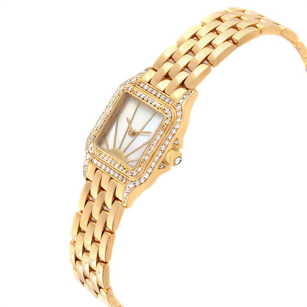 The image shows a Cartier Panthère watch at a slight angle, highlighting the gold bracelet and diamond-encrusted square bezel.