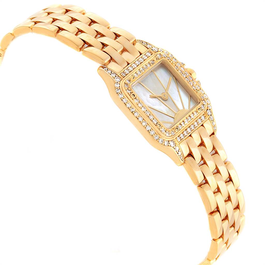 The Panthere de Cartier watch is shown at an angle displaying its gold bracelet and diamond-encrusted square face.