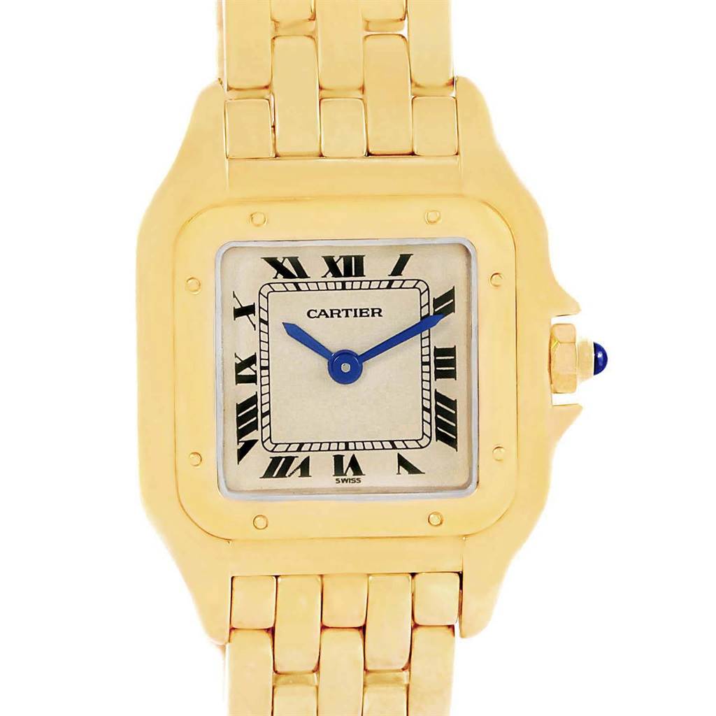 The image shows a frontal view of a Cartier Panthere W25022B9 Women's Yellow Gold Beige Dial W25022B9 Women's Yellow Gold Beige Dial model watch, highlighting its face, dial, and part of the bracelet.