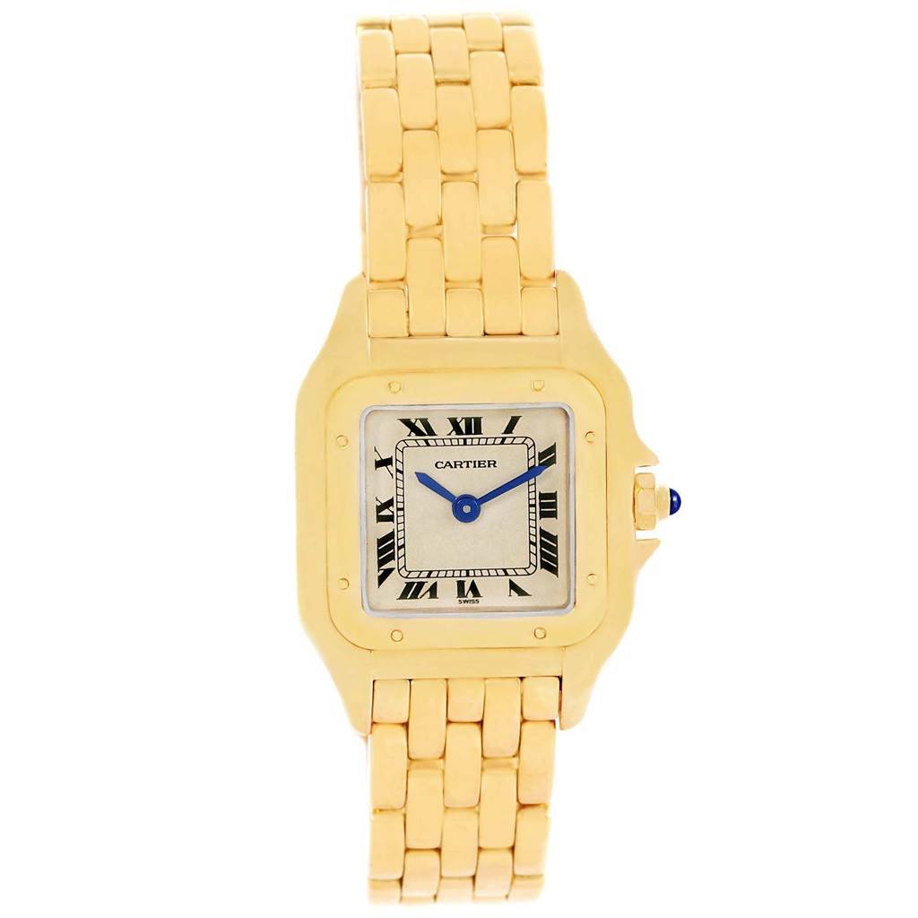 This image shows a front view of the Cartier Panthere W25022B9 Women's Yellow Gold Beige Dial W25022B9 Women's Yellow Gold Beige Dial model watch, highlighting its face, bracelet, and crown.