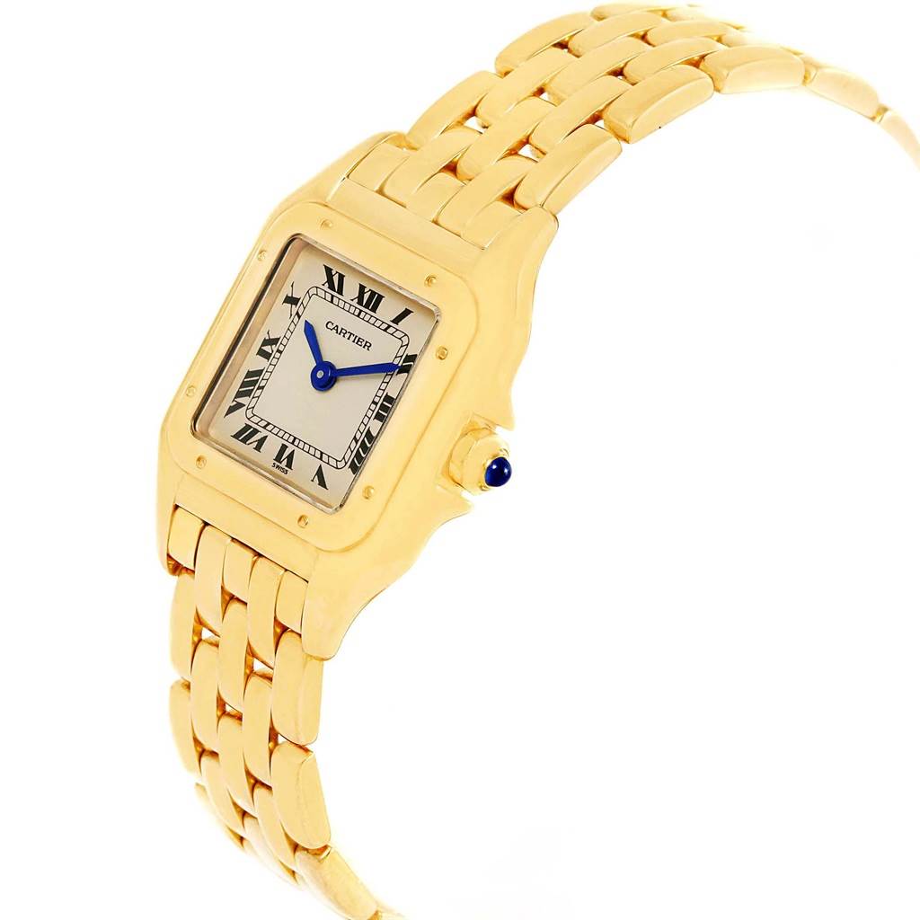 The image shows a Cartier Panthere W25022B9 Women's Yellow Gold Beige Dial W25022B9 Women's Yellow Gold Beige Dial model watch, highlighting its square face, crown, and gold bracelet from an angled view.