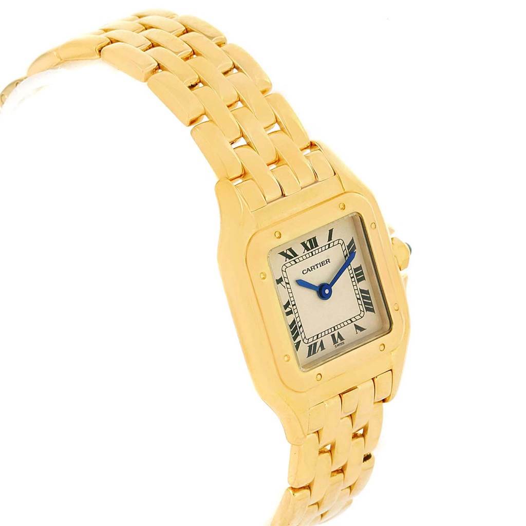 The image shows a side angle of the Cartier Panthere W25022B9 Women's Yellow Gold Beige Dial W25022B9 Women's Yellow Gold Beige Dial model watch, highlighting its gold bracelet and square dial.