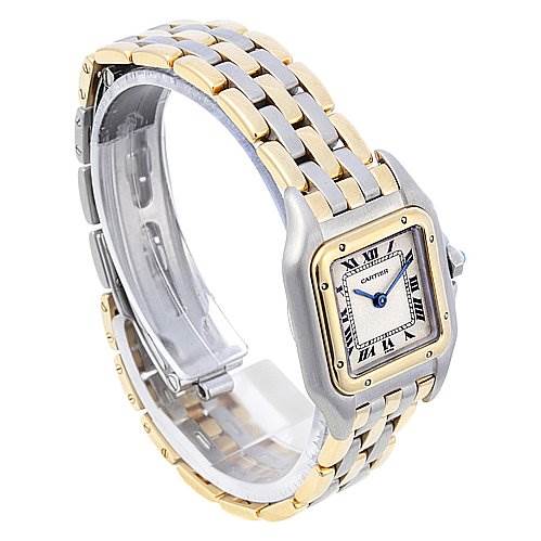 The image shows a Cartier Panthere Women's Yellow Gold Beige Dial Women's Yellow Gold Beige Dial model watch at a three-quarter angle, displaying the face, bezel, and stainless steel and gold bracelet.