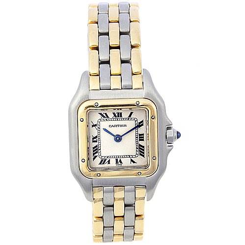 The image shows a front view of the Cartier Panthere Women's Yellow Gold Beige Dial Women's Yellow Gold Beige Dial watch, highlighting the dial, bezel, and two-tone bracelet.