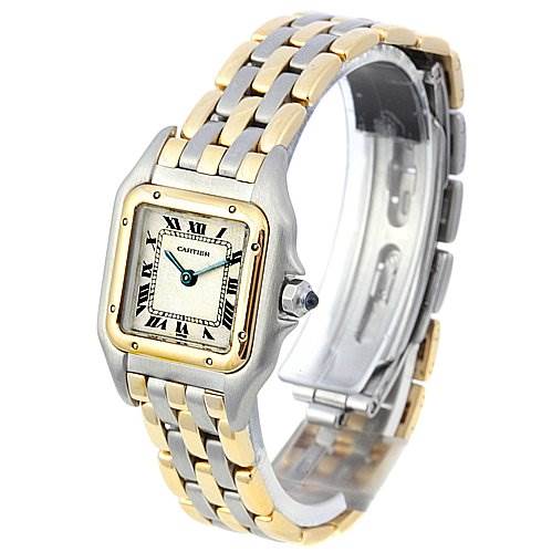 This is a Cartier Panthere Women's Yellow Gold Beige Dial Women's Yellow Gold Beige Dial watch shown at a three-quarter angle, displaying its face, bezel, and gold-and-silver bracelet.