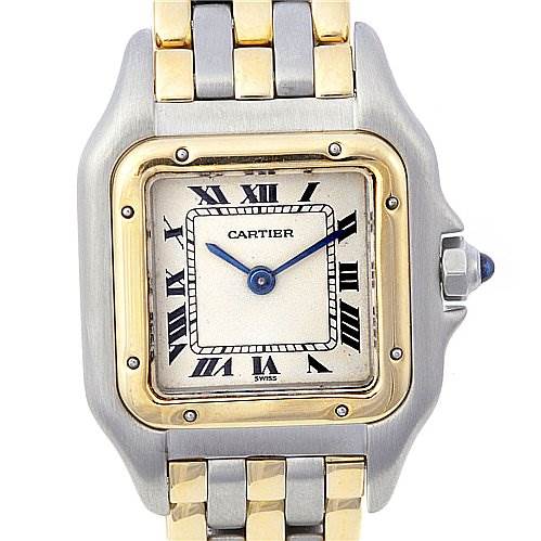 This image shows a front view of a Cartier Panthère watch, displaying its dial, bezel, case, and a portion of the bracelet.