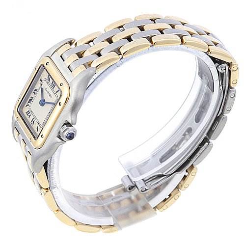 A Cartier Panthere Women's Yellow Gold Beige Dial Women's Yellow Gold Beige Dial watch shown at an angle highlighting the side profile, bracelet, and clasp.