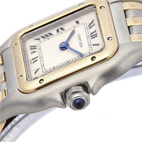 The image shows a close-up side angle of a Cartier Panthère watch, highlighting the crown, bezel, and part of the bracelet.