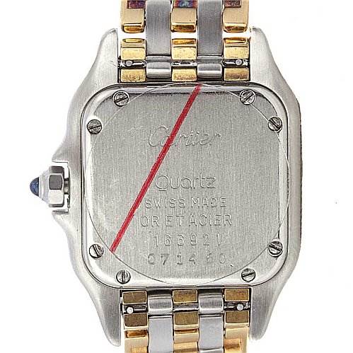 This image shows the back case and part of the bracelet of the Cartier Panthère watch.