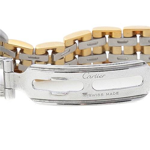 The image shows a close-up of the clasp and bracelet of a Cartier Panthere Women's Yellow Gold Beige Dial Women's Yellow Gold Beige Dial watch, highlighting the bi-metal design and "Swiss Made" engraving.
