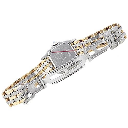 The image shows the backside and clasp of the Cartier Panthère model watch, highlighting its two-tone metal bracelet.