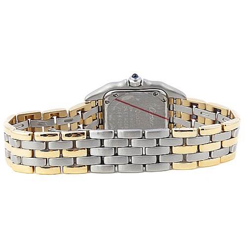 The image shows the back view of the Panthere model by Cartier, highlighting its two-tone metal bracelet and caseback.