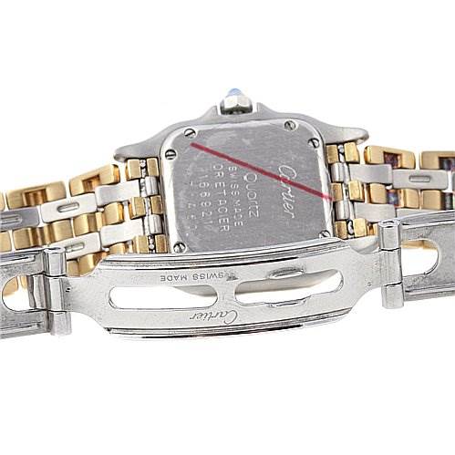 This image shows the back of the case and part of the bracelet of a Cartier Panthere Women's Yellow Gold Beige Dial Women's Yellow Gold Beige Dial model watch.