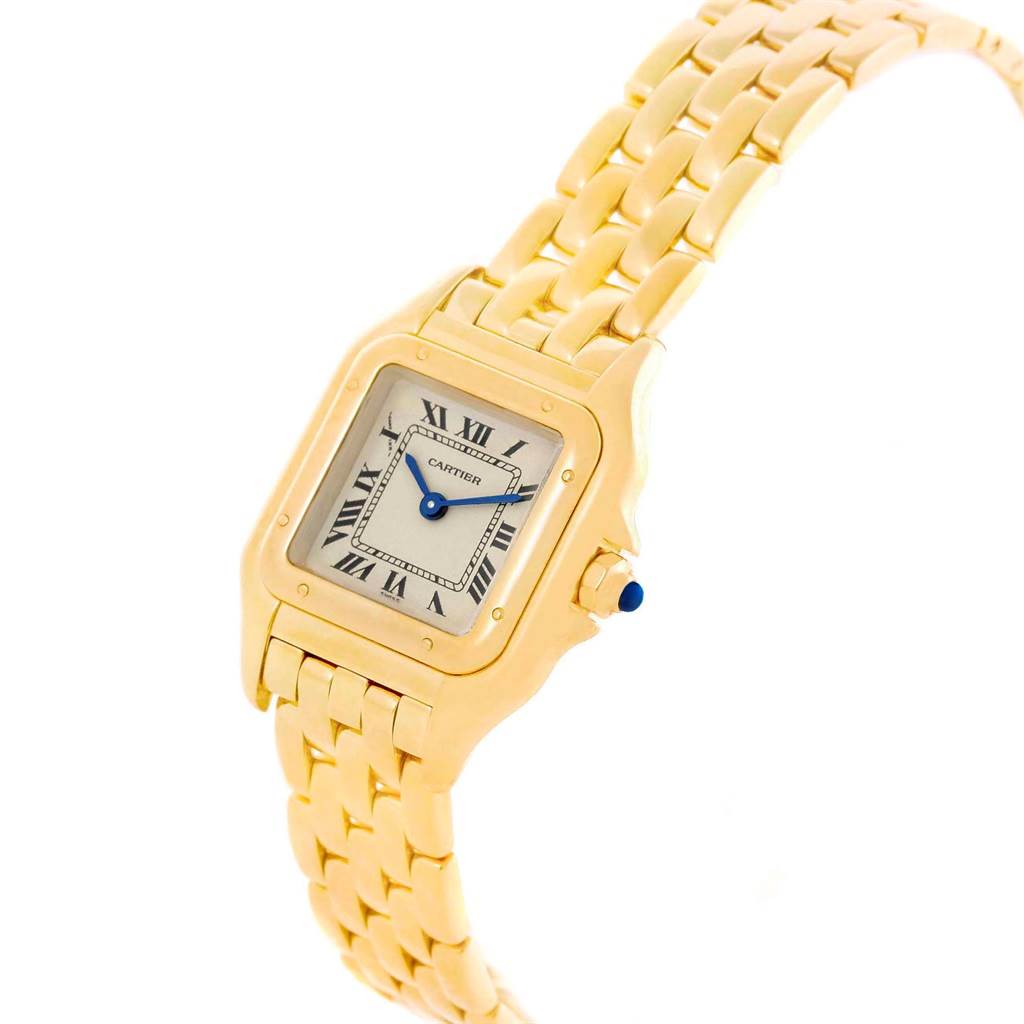 This image shows the face and bracelet of a Cartier Panthere W25022B9 Women's Yellow Gold Beige Dial W25022B9 Women's Yellow Gold Beige Dial watch at a slight angle.