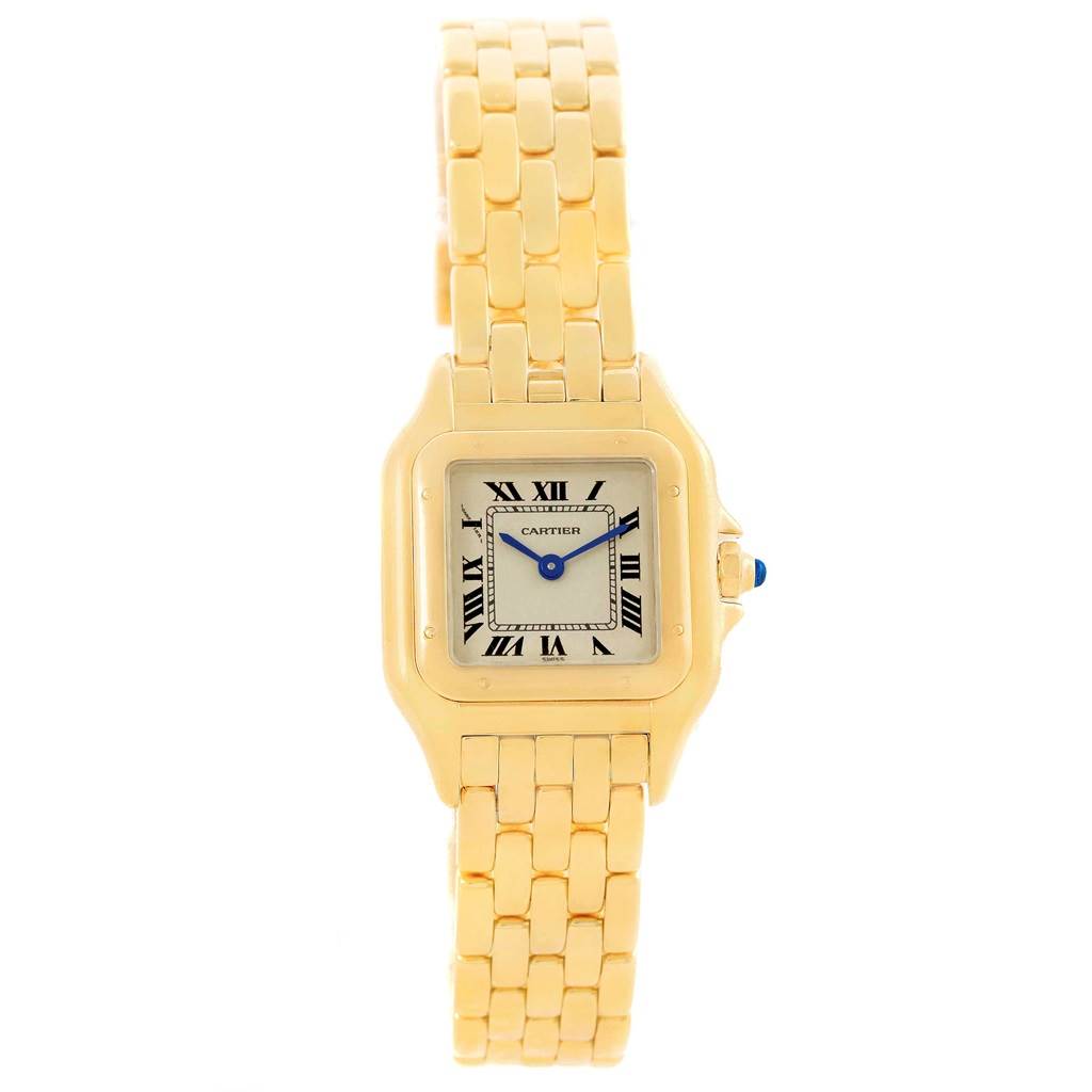 The image shows a front view of the Cartier Panthere W25022B9 Women's Yellow Gold Beige Dial W25022B9 Women's Yellow Gold Beige Dial model watch, featuring the face, bezel, and bracelet.